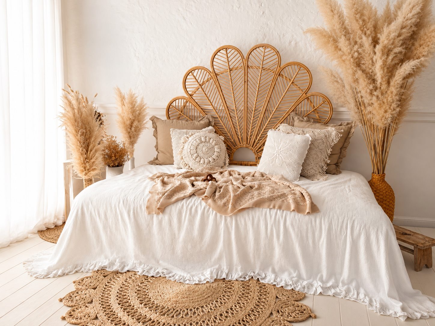 Boho-Kulisse mit Rattanbett und Trockenblumen