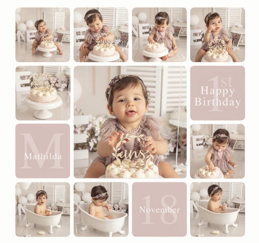 Fotocollage eines Cake-Smash-Shootings zum ersten Geburtstag