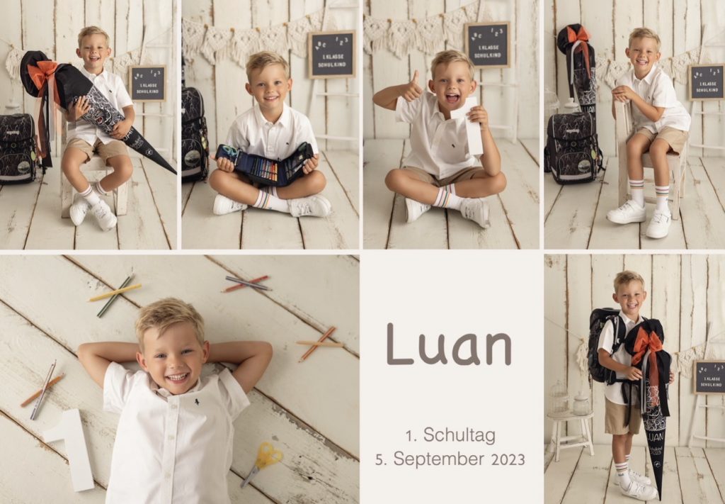 Fotocollage eines Jungen zum ersten Schultag